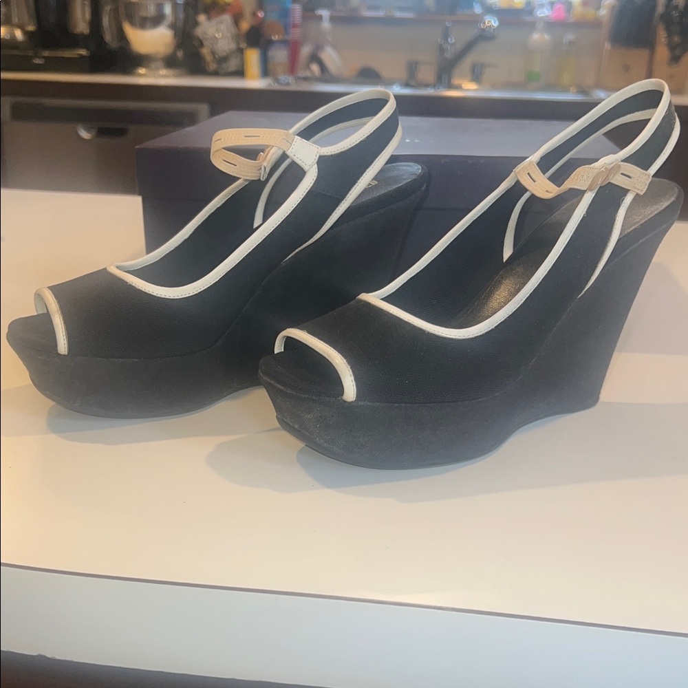Prada size 37.5 Black and Cream canvas Wedge Sandals new in box never worn